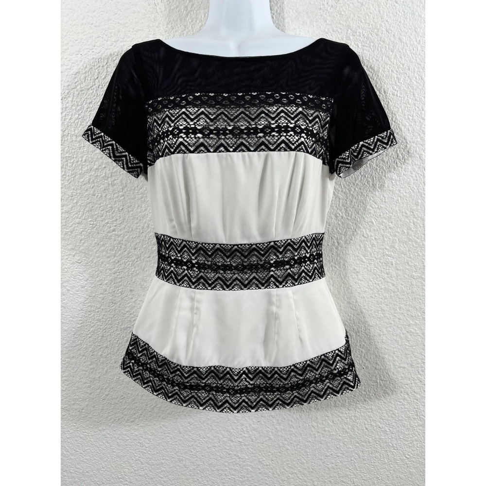 Catherine Malandrino Blouse Womens 2 Black White Lace Short‎ Sleeve Peplum Sheer